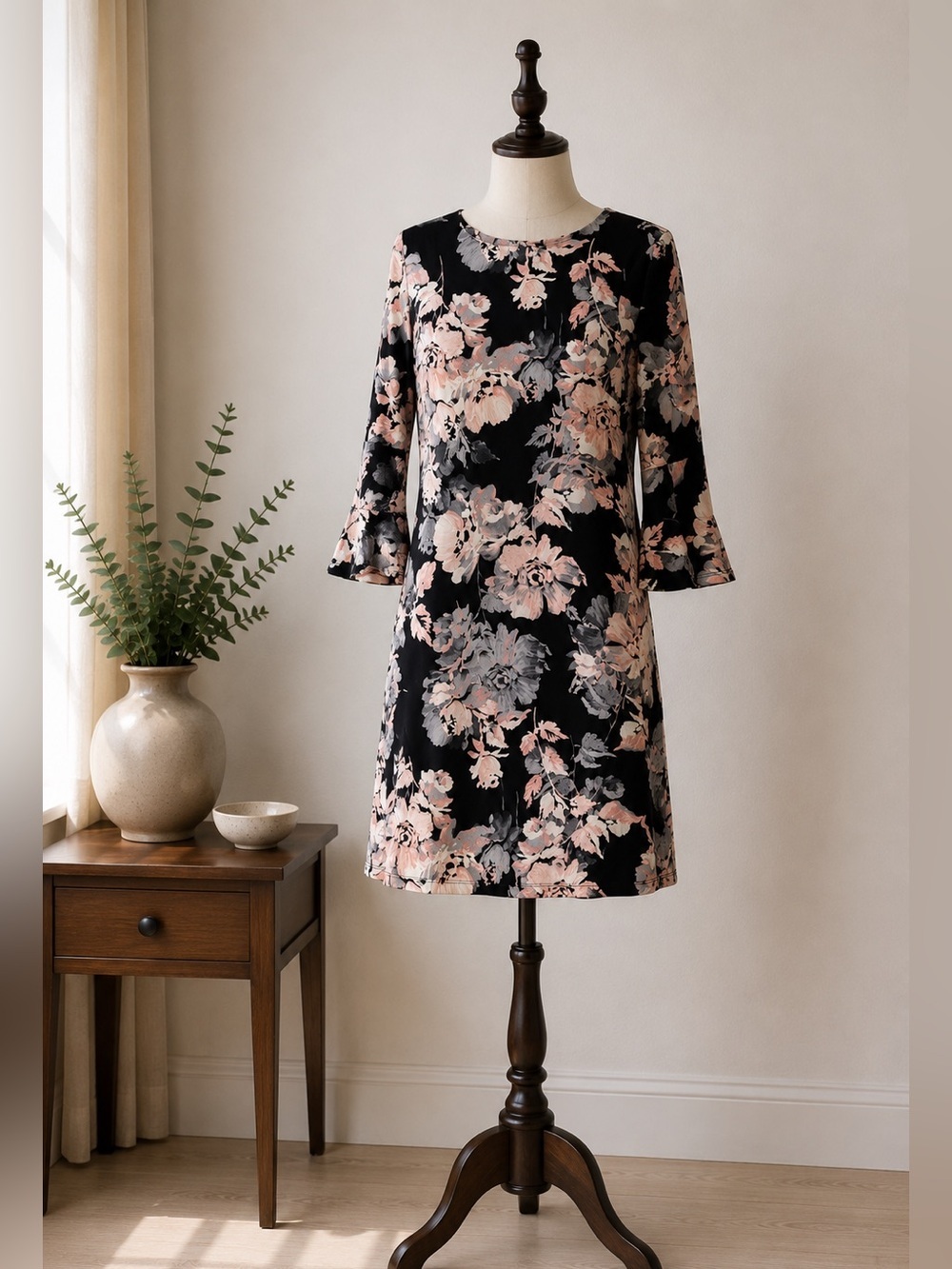 Tommy Hilfiger Black Blush Floral Bell Sleeve Dress Romantic Feminine Chic 2